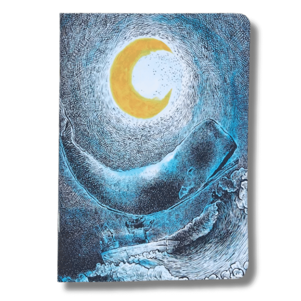 Capa do caderno Baleia da Entrelinhas, sem pauta, com arte exclusiva de artista brasileiro