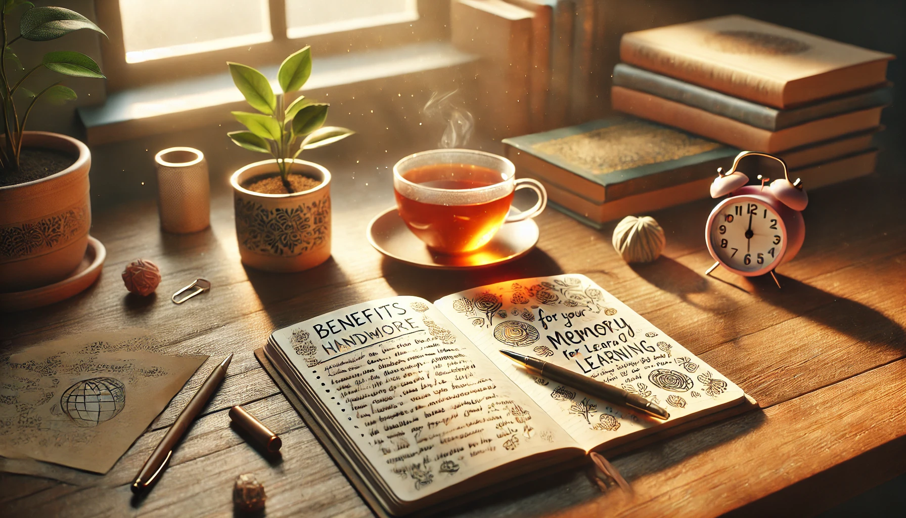 Mesa de estudo com caderno, caneta e xícara de chá — escrever à mão