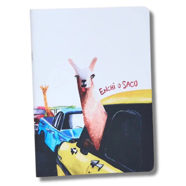 Capa do caderno Lhama da Entrelinhas, sem pauta, com arte exclusiva de artista brasileiro