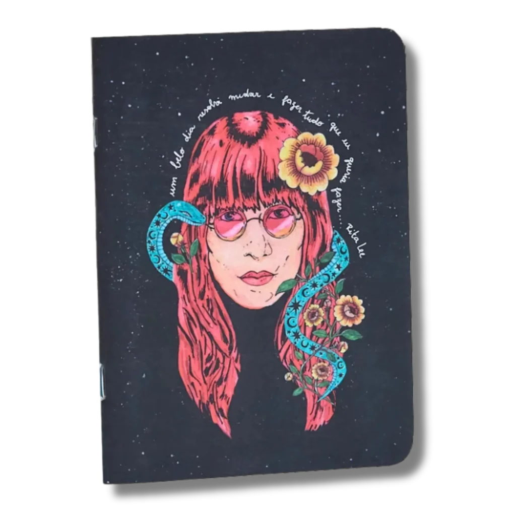 Capa do caderno Rita Lee da Entrelinhas, sem pauta, com arte exclusiva de artista brasileiro